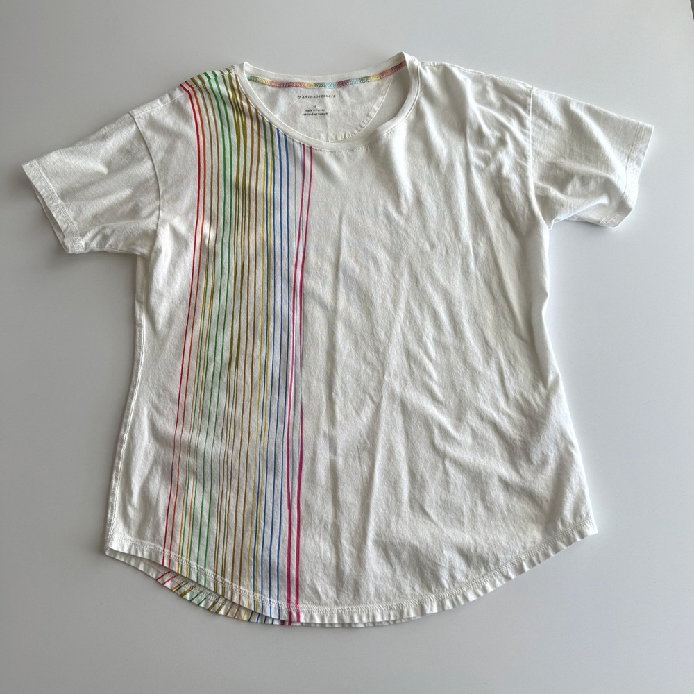 by Anthropologie Rainbow Graphic‎ Summer Scoopneck White Short Sleeve T Shirt S
